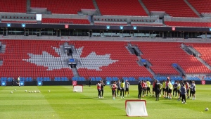 Toronto FC players train at BMO Field in Toronto on Friday, March 8, 2024. After tying last season's entire road points total with a tie in Cincinnati and win in New England to kick off the MLS season, Toronto FC looks to open its home account against Charlotte FC on Saturday at BMO Field. THE CANADIAN PRESS/Neil Davidson