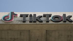 A TikTok sign is displayed on their building in Culver City, Calif., Monday, March 11, 2024. (AP Photo/Damian Dovarganes)