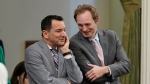 Former California Assembly Speaker Anthony Rendon, left, and Assembly Republican Leader James Gallagher talk during the Assembly session at the Capitol in Sacramento, Calif., Wednesday, Aug. 31, 2022. (AP Photo/Rich Pedroncelli,File)
