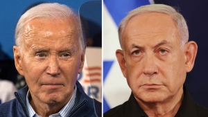 This combination photo shows U.S. President Joe Biden, left, on March 8, 2024, in Wallingford, Pa., and Israeli Prime Minister Benjamin Netanyahu in Tel Aviv, Israel, Oct. 28, 2023. Biden and Netanyahu spoke Monday, March 18, in their first interaction in more than a month as the divide has grown between allies over food crisis in Gaza, conduct of war. (AP Photo)