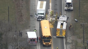 The driver of a truck and a school bus collided in Whitby on March 18. 
