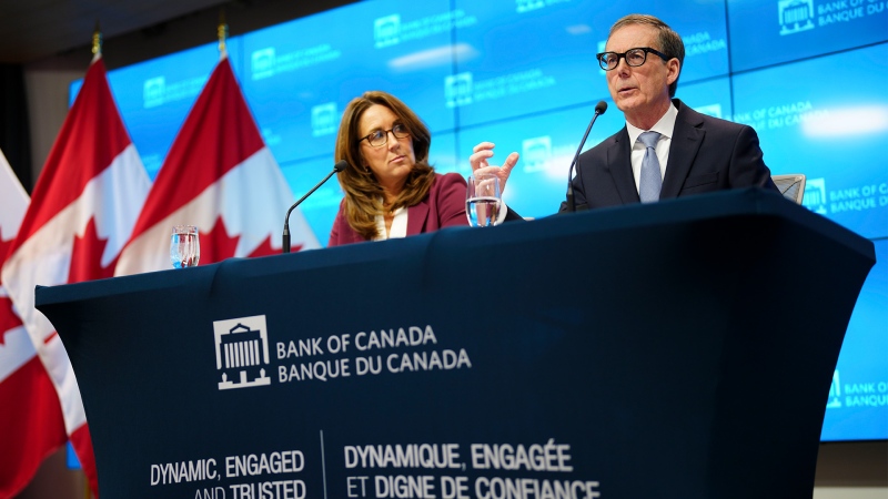 Tiff Macklem, Governor of the Bank of Canada, and Carolyn Rogers, Senior Deputy Governor, hold a press conference at the Bank of Canada in Ottawa on Wednesday, Jan. 24, 2024. THE CANADIAN PRESS/Sean Kilpatrick
