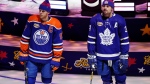 Edmonton Oilers' Connor McDavid and Toronto Maple Leafs' Auston Matthews stand prior to competing in the NHL All-Star skills competition in Toronto, Friday, Feb. 2, 2024. THE CANADIAN PRESS/Frank Gunn 