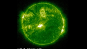This image provided by NASA shows the Sun seen from the Solar Dynamics Observatory (SDO) satellite on Saturday, March 23, 2024. Space weather forecasters have issued a geomagnetic storm watch through Monday, March 25, 2024, saying an ouburst of plasma from a solar flare could interfere with radio transmissions on Earth and make for great aurora viewing. There's no reason for the public to be concerned, according to the alert issued Saturday night by NOAA's Space Weather Prediction Center in Boulder, Colo. (NASA via AP)