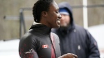 Third-placed Cynthia Appiah of Canada reacts after her second run of the Women's Monobob World Cup race in Sigulda, Latvia, Saturday, Feb. 18, 2023. Olympic bobsledder Appiah is thousands of dollars in debt for her sled's runners and for travel to competition. THE CANADIAN PRESS/AP-Oksana Dzadan