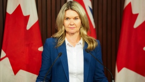 Jill Dunlop, Ontario Minister of Colleges and Universities, speaks during a press conference at Queen’s Park in Toronto, on Monday, Feb 26, 2024. THE CANADIAN PRESS/Arlyn McAdorey 