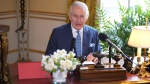 King Charles III records his audio message for the Royal Maundy Service in the 18th Century Room at Buckingham Palace in this undated handout photo released by the Royal Household on March 27. (BBC/Sky/ITV News/Reuters via CNN Newsource)
