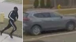 Images of a suspect and vehicle wanted after a hoe in Markham was shot at for the third time in a month on March 25. (YRP photos)