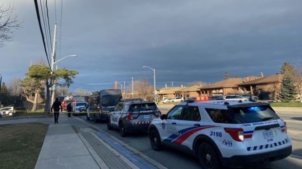 Police are on scene after a man was stabbed outside an apartment building near Weston Road and Sheppard Avenue West. (Courtney Heels/ CP24)