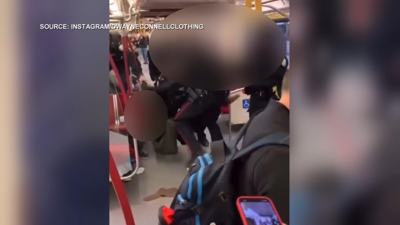 Video footage has surfaced on social media of an officer kicking a man during a March 26 arrest on a TTC train. (Screengrab DwayneConnellClothing/Instagram)