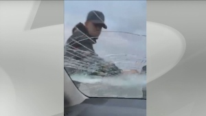 A suspect is seen smashing the window of a vehicle in a video of a Brampton rod rage incident.