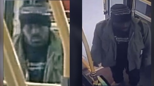 A suspect wanted in connection with a March 29, 2024 assault at Kipling Station is pictured in these images released by Toronto police. 