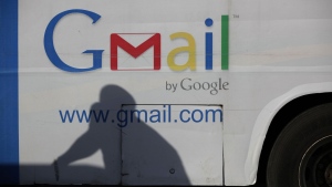 An ad for Google's Gmail appears on the side of a bus on Sept. 17, 2012, in Lagos, Nigeria. Google founders Larry Page and Sergey Brin unveiled Gmail 20 years ago on April Fool's Day. (AP Photo/Sunday Alamba, File)
