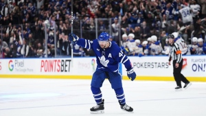 Toronto Maple Leafs defenceman Morgan Rielly during overtime NHL hockey action against the Buffalo Sabres in Toronto on Wednesday, March 6, 2024. THE CANADIAN PRESS/Nathan Denette