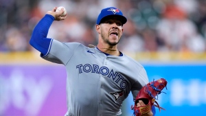 Toronto Blue Jays starting pitcher Jose Berrios delivers against the Houston Astros during the first inning of a baseball game Tuesday, April 2, 2024, in Houston. (AP Photo/Eric Christian Smith)
