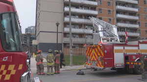 Crews are on the scene of a fire at a high-rise in Etobicoke that left two men critically injured.