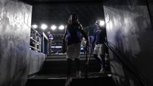 Toronto Blue Jays' Bo Bichette steps off the pitch after batting practice before his team's home opener against Seattle Mariners in American League MLB baseball action, in Toronto, Monday, April 8, 2024. THE CANADIAN PRESS/Chris Young