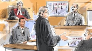 Justice Molloy, left to right, Umar Zameer, Det. Adam Taylor, Nader Hasan and Michael Cantlon are shown in a courtroom sketch in Toronto on Wednesday, March 20, 2024. THE CANADIAN PRESS/Alexandra Newbould