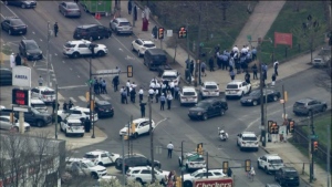 Police are seen at the scene of a shooting on April 10, in Philadelphia. (WPVI via CNN Newsource)
