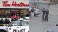 The photo in the left show officers at the scene of a stabbing and shooting in Toronto on Friday, April 12, 2024. The other photo is a still from a surveillance footage showing two officers with their gun drawn during the incident. (The Canadian Press/Arlyn McAdorey/Submitted)