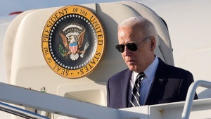 President Joe Biden boarding Air Force One at Andrews Air Force Base, Md., Friday, April 12, 2024, enroute to New Castle, Del. (AP Photo/Pablo Martinez Monsivais)