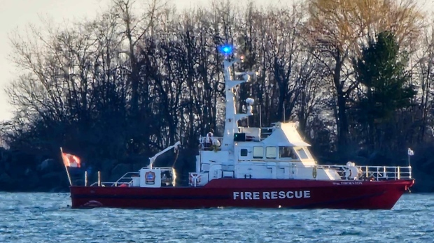 A Toronto fire rescue boat searches in Ashbridges Bay area for a possible person in distress in the water on April 14. (Supplied)