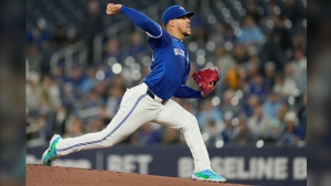 Toronto Blue Jays pitcher José Berríos (17) throws against the Colorado Rockies during first inning MLB baseball action in Toronto on Sunday, April 14, 2024. THE CANADIAN PRESS/Frank Gunn