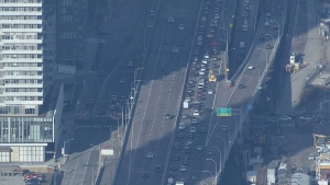 Traffic is shown backed up on the Gardiner Expressway in downtown Toronto on April 15. (CP24)