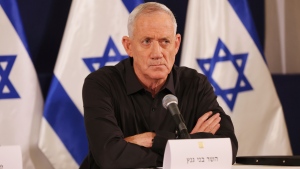 FILE - Israeli Cabinet Minister Benny Gantz attends a press conference in the Kirya military base in Tel Aviv, Israel, on Oct. 28, 2023. (Abir Sultan / Pool Photo via AP, File)