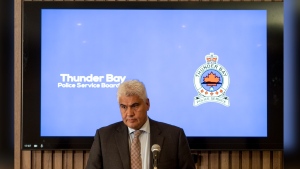 Thunder Bay Police Service Chief Darcy Fleury responds to recent charges against the former TBPS Chief Sylvie Hauth during a press conference in Thunder Bay, Ont. on Monday, April 15, 2024. THE CANADIAN PRESS/David Jackson
