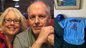 Carla Norris-Hutcheson and her husband Paul Klith have been married for 19 years. Hutcheson was gifted a Blue Jays jersey for Klith at the team's home opener. (Supplied)