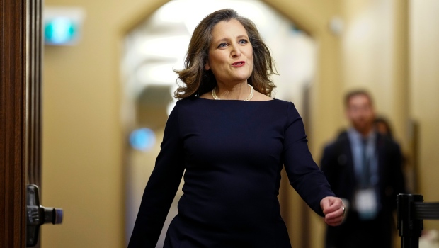 Deputy Prime Minister and Minister of Finance Chrystia Freeland arrives to a cabinet meeting on Parliament Hill in Ottawa on Tuesday, April 16, 2024. THE CANADIAN PRESS/Sean Kilpatrick 