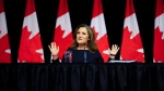 Deputy Prime Minister and Minister of Finance Chrystia Freeland holds a press conference in the media-lockup prior to tabling the Federal Budget in Ottawa on Tuesday, April 16, 2024. THE CANADIAN PRESS/Sean Kilpatrick 