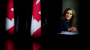 Deputy Prime Minister and Minister of Finance Chrystia Freeland holds a press conference in the media-lockup prior to tabling the Federal Budget in Ottawa on Tuesday, April 16, 2024. THE CANADIAN PRESS/Sean Kilpatrick 