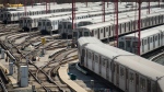 Subway trains line up in a TTC yard in Toronto on Thursday, April 23, 2020. THE CANADIAN PRESS/Nathan Denette