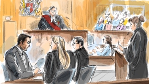 Umar Zameer, left to right, defence lawyers Alexandra Heine, Nader Hasan, Crown attorney Karen Simone are shown in this courtroom sketch as Justice Anne Molloy and jury members look on in Toronto on Thursday, March 21, 2024. THE CANADIAN PRESS/Alexandra Newbould
