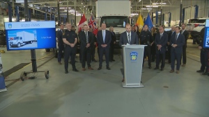 Officials are shown at a news conference on April 17 where police announced nine arrests in a gold heist at Pearson airport last year. (CP24)