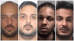 Four suspects who are wanted in connection with a gold heist at Pearson airport are shown. They are from left to right: Simran Preet Panesar, Archit Grover, Durante King-Mclean and Arsalan Chaudhary. (Peel Regional Police)