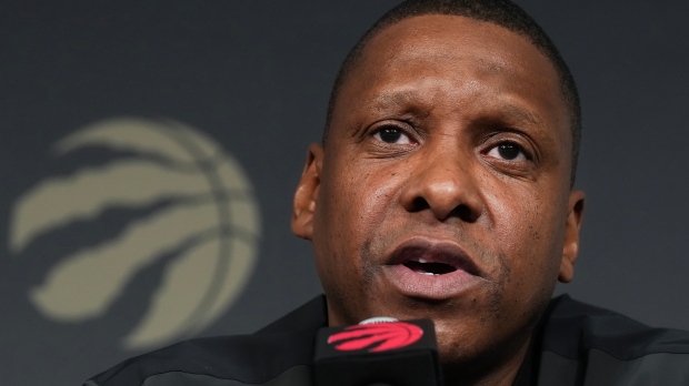 Masai Ujiri, Toronto Raptors NBA team President speaks to the media during a press conference in Toronto on Wednesday, April 17, 2024. THE CANADIAN PRESS/Nathan Denette