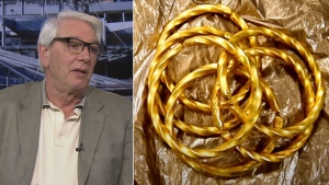 From left, CTV News crime expert Mark Mendelson speaks with CP24 about the Pearson Airport gold heist. Police said that they 
recovered six pure gold bracelets worth an estimated $89,000 as part of their investigation. (Bracelets: PRP handout)
