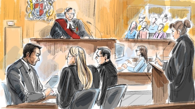 Umar Zameer, left to right, defence lawyers Alexandra Heine, Nader Hasan, Crown attorney Karen Simone are shown in this courtroom sketch as Justice Anne Molloy and jury members look on in Toronto on Thursday, March 21, 2024. THE CANADIAN PRESS/Alexandra Newbould