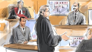 Justice Molloy, left to right, Umar Zameer, Detective Adam Taylor, Nader Hasan and Michael Cantlon crown are shown in a courtroom sketch in Toronto on Wednesday, March 20, 2024. THE CANADIAN PRESS/Alexandra Newbould