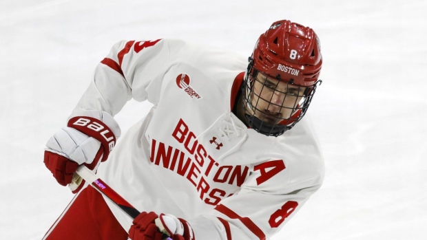 The Toronto Maple Leafs have signed defenceman Cade Webber to a two-year, entry-level contract, the NHL club announced Thursday. Webber (8) skates before the start of an NCAA hockey game between Boston University and North Dakota, in Boston, Saturday, Nov. 4, 2023. THE CANADIAN PRESS/AP-Greg M. Cooper