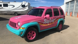 This custom and-painted Barbie Jeep will be going up for sale in the Edmonton-area on April 24, 2024. (David Ewasuk/CTV News Edmonton)