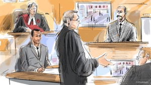 Justice Anne Molloy, left to right, Umar Zameer, Detective Adam Taylor, Nader Hasan and Michael Cantlon crown are shown in a courtroom sketch in Toronto on Wednesday, March 20, 2024. THE CANADIAN PRESS/Alexandra Newbould