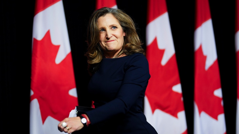 Deputy Prime Minister and Minister of Finance Chrystia Freeland holds a press conference in the media-lockup prior to tabling the Federal Budget in Ottawa on Tuesday, April 16, 2024. THE CANADIAN PRESS/Sean Kilpatrick