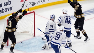 Boston Bruins' Charlie Coyle (13) and Morgan Geekie (39) celebrate a goal by Jake DeBrusk against Toronto Maple Leafs' Ilya Samsonov (35), while Calle Jarnkrok (19) and Ilya Lyubushkin (46) look on during the second period in Game 1 of an NHL hockey Stanley Cup first-round playoff series Saturday, April 20, 2024, in Boston. (AP Photo/Michael Dwyer)