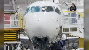Unionized workers at an Airbus assembly plant north of Montreal have rejected a contract offer for the third time. An Airbus employee works on the assembly line at the company's plant in Mirabel, Que., Feb. 20, 2020. THE CANADIAN PRESS/Graham Hughes