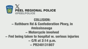 A female was seriously injured in a collision involving a motorcycle on Sunday afternoon in Mississauga.
