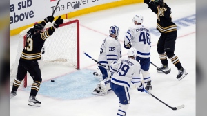 Sheldon Keefe's Toronto Maple Leafs were in a similar position last year, when they dropped their playoff opener to the Tampa Bay Lightning before roaring back to capture the Original Six franchise's first series in nearly two decades. Boston Bruins' Charlie Coyle (13) and Morgan Geekie (39) celebrate a goal by Jake DeBrusk against Toronto Maple Leafs' Ilya Samsonov (35), while Calle Jarnkrok (19) and Ilya Lyubushkin (46) look on during the second period in Game 1 of an NHL hockey Stanley Cup first-round playoff series, in Boston, Saturday, April 20, 2024. THE CANADIAN PRESS/AP-Michael Dwyer